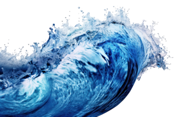 A sweeping blue wave captured mid-motion, with sunlight filtering through the water, highlighting the various shades of blue and the foam created at the wave's peak.