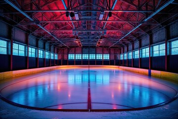 Fototapeta premium Vibrant Colorful Scene of an Empty Hockey Rink Illuminated in Surreal Detail