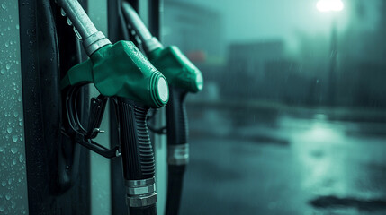 Close-up of a gas station pump nozzle in rainy weather, highlighting the industrial aspect of fuel distribution and transportation.
