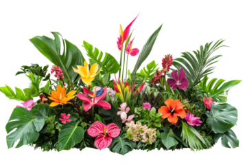 A stunning floral arrangement featuring a mix of exotic tropical leaves, such as banana, bird of paradise, and rubber plant, complemented by bright colorful flowers like hibiscus