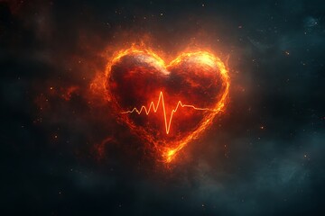 Obraz premium Big fiery heart on black background and cardiogram from fire and spark. Heartbeat from fiery flame. Concept of holidays, love and health. 