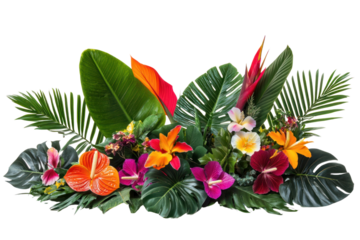 A stunning floral arrangement featuring a mix of exotic tropical leaves, such as banana, bird of paradise, and rubber plant, complemented by bright colorful flowers like hibiscus