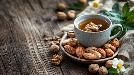 Fototapeta premium A variety of immune-boosting nuts, such as almonds and walnuts, displayed alongside a cup of herbal tea on a wooden table 