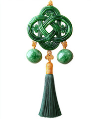 Decorative Chinese knot with jade charms and tassels, isolated on a white background