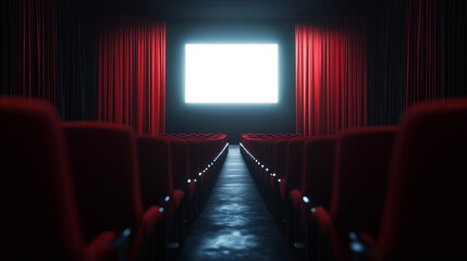 Obraz premium A cinematic perspective from the back of a theater, with rows of red seats leading up to a blank glowing screen, enveloped by luxurious curtains