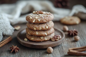 Fototapeta premium Delightful festive christmas cookies with nuts and cinnamon on a rustic wooden surface