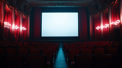 Obraz premium A large cinema theater with tiered red seating, ornate curtains, and a towering blank screen that dominates the scene, creating an immersive atmosphere