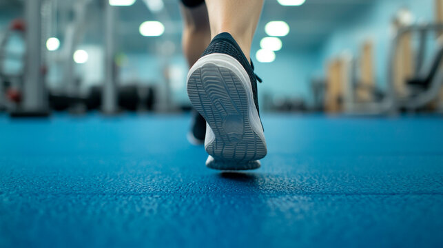 Close-up of feet in running shoes on a blue gym floor, emphasizing fitness and movement in an indoor workout setting.