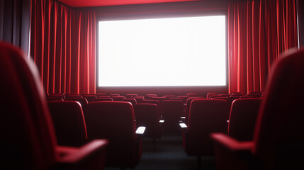 Fototapeta premium An artistic perspective of a cinema room where red seats and curtains create a vibrant contrast against the blank white screen glowing softly