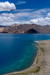 Top view at the Lake Pangong shore in Ladakh, India.