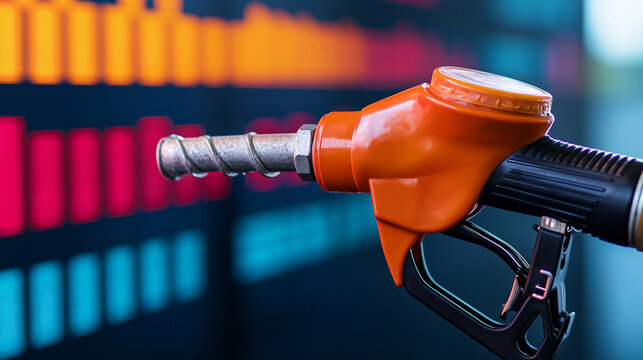 Close-up of orange fuel nozzle in front of digital stock exchange graph, symbolizing energy market fluctuations.