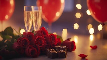 romantic setting with two champagne glasses filled with sparkling beverage, bouquet of red roses and some chocolates, blurred red balloons and bokeh lights in background. special date, Valentine's Day