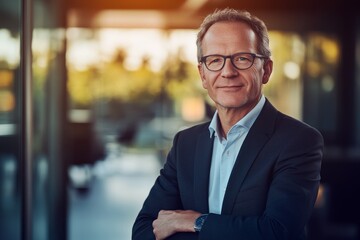 Fototapeta premium Confident Businessman in Modern Office Setting, Wearing Glasses, Smiling and Posing with Arms Crossed, Blurred Background, Warm Lighting and Professional Attire