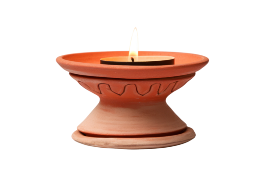 A simple yet elegant diya lamp made of terracotta, showcasing a rustic finish. The lamp is designed in a traditional style with a slight curve, emphasizing its organic shape. 