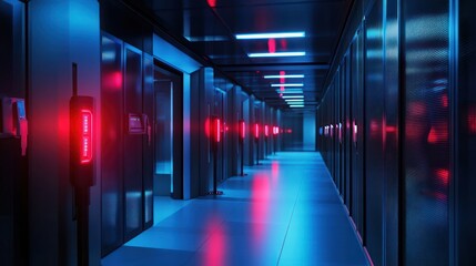 Fototapeta premium Futuristic server room with glowing lights and technology