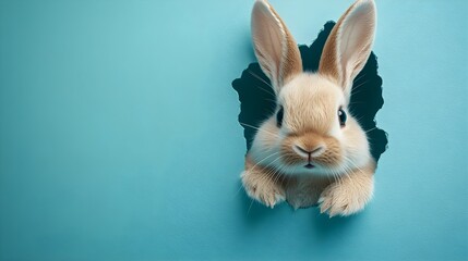 Obraz premium 3d render Bunny peeking out of a hole in blue wall, fluffy eared bunny easter bunny banner