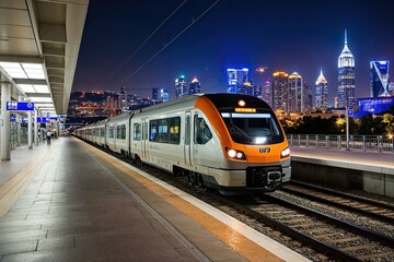 Naklejka premium State-of-the-Art Commuter Train at Luminous Station with Dazzling Urban Night Panorama