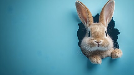 Obraz premium 3d render Bunny peeking out of a hole in blue wall, fluffy eared bunny easter bunny banner