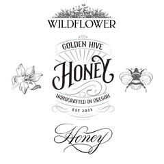 Honey label design elements. Bee-themed packaging design