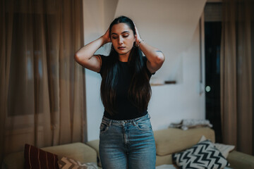 A young woman stands in a cozy living room with her hands on her head, reflecting deep in thought....