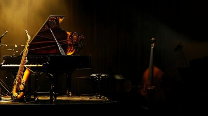 Fototapeta premium Grand Piano, Saxophone, and Double Bass on Dark Stage - Jazz Music Concert Setup