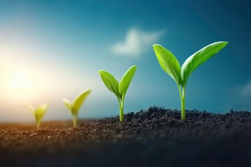Young green seedlings sprouting from fertile soil under sunlight, symbolizing growth and renewal, AI