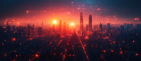 Fototapeta premium An aerial view of a city skyline with a red and orange glow. The city is lit up with lights, and there are many skyscrapers. The sky is a vibrant red and orange, and there are many stars in the sky.