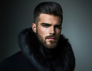 Obraz premium A stylish male model with a neatly groomed beard and a textured, swept-back haircut, wearing a dark jacket with a fur-lined collar