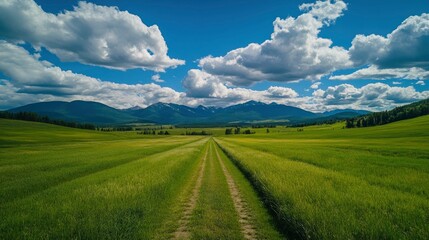 Obraz premium Serene Countryside Landscape Rolling Green Fields Leading to Majestic Mountains under a Blue Sky