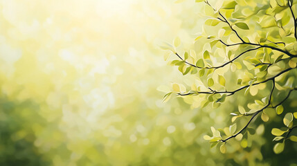 Obraz premium Delicate spring oak leaves tinged with yellow and light green, shimmering in soft golden sunlight