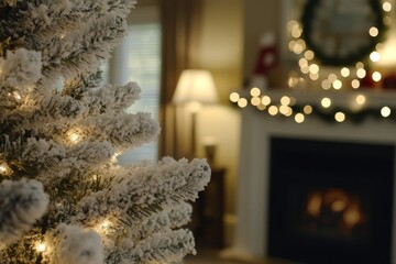 Cozy Winter Scene with Snowy Christmas Tree Illuminated by Warm Lights and a Festive Living Room Background Featuring a Fireplace and Soft Holiday Decorations