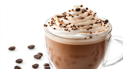 mocha mousse coffee cappuccino with whipped milk cap isolated on white background