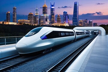 Naklejka premium Revolutionary Hyperloop Train at Futuristic Station with Striking Evening City View and Innovative Travel Concept