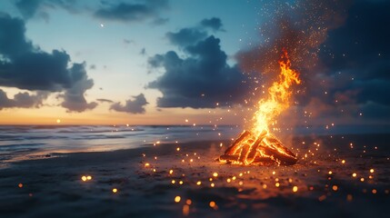 Obraz premium Fiery bonfire on beach at sunset, sparks fly, ocean waves.