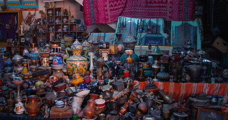 Old objects at a thrift shop in Tunis. Street shopping vintage items while travelling to arab countries.