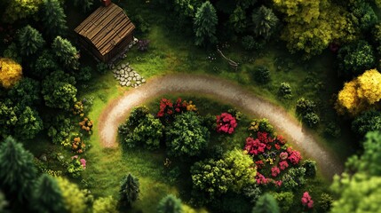 A serene forest scene with a winding path and a cozy cabin surrounded by vibrant foliage.