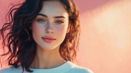 Fototapeta premium A woman with curly hair in a white sweater looks at the camera