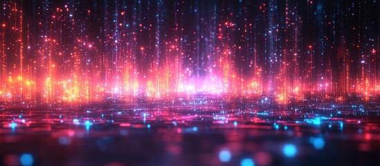 Abstract background with glowing streaks of red and blue light creating a futuristic city skyline.