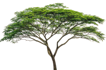A lush rain tree with a broad, spreading canopy showcasing vibrant green leaves, standing tall against a pristine white background. The thick trunk exhibits textured bark