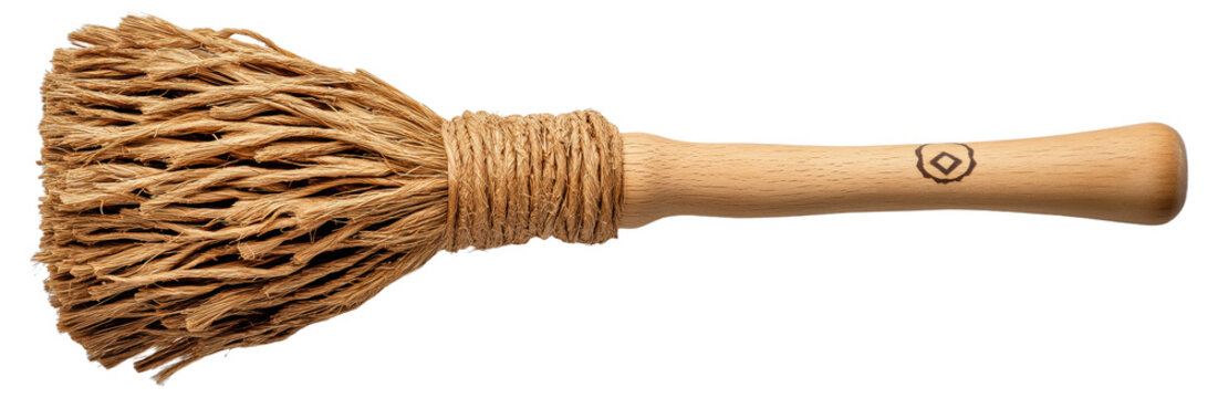 A natural fiber brush with a wooden handle.