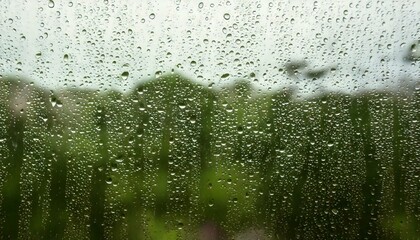 Raindrops on a window create a blurred view of green trees and foliage during a rainy day. Generative AI