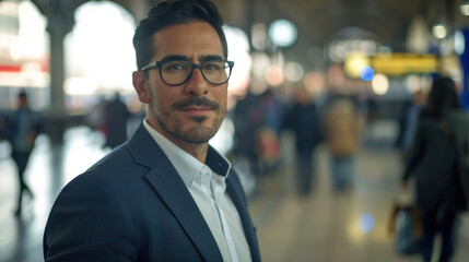 Fototapeta premium Portrait of businessman travelling on meeting a train station. Mobility, modernity, and business on-the-go. Efficiency, and urban hustle in a bustling transportation hub