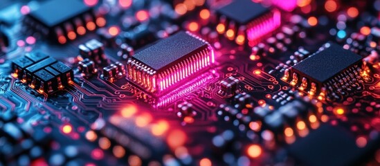 Obraz premium Close-up of a circuit board with glowing components and intricate circuitry, showcasing the complexity of modern technology.