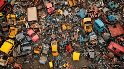 Aerial view of a junkyard filled with colorful, discarded vehicles.