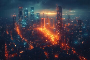 Obraz premium futuristic abstract night cityscape with glowing lights and digital elements, symbolizing the intersection of technology and urban living, showcasing a dynamic and evolving smart city concept