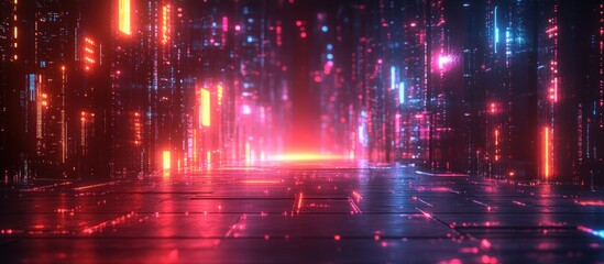 Fototapeta premium A futuristic cityscape with glowing neon lights and a reflective floor.