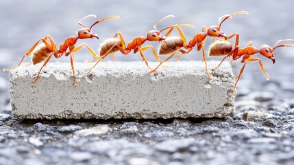 Fototapeta premium A team of ants collaborating to transport a cement brick, representing unity and teamwork