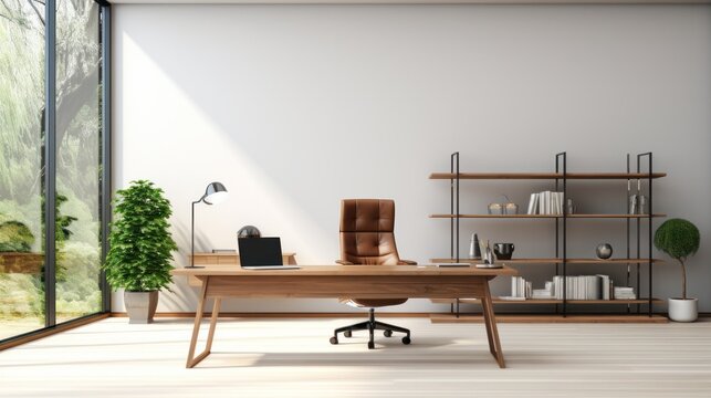 Sleek and minimalist boss room with large glass windows, wooden desk, ergonomic chair, and modern decor isolated on white background