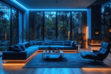 futuristic interior of an ai-powered smart home featuring sleek design, modern technology, and a management system that harmonizes various smart components seamlessly