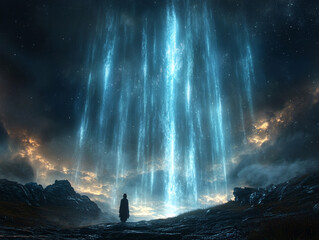 Obraz premium a person standing in a vast, dark landscape, with a magnificent, colorful, and fiery nebula-like structure towering above them. The scene is illuminated by the intense light emanating from the nebula,
